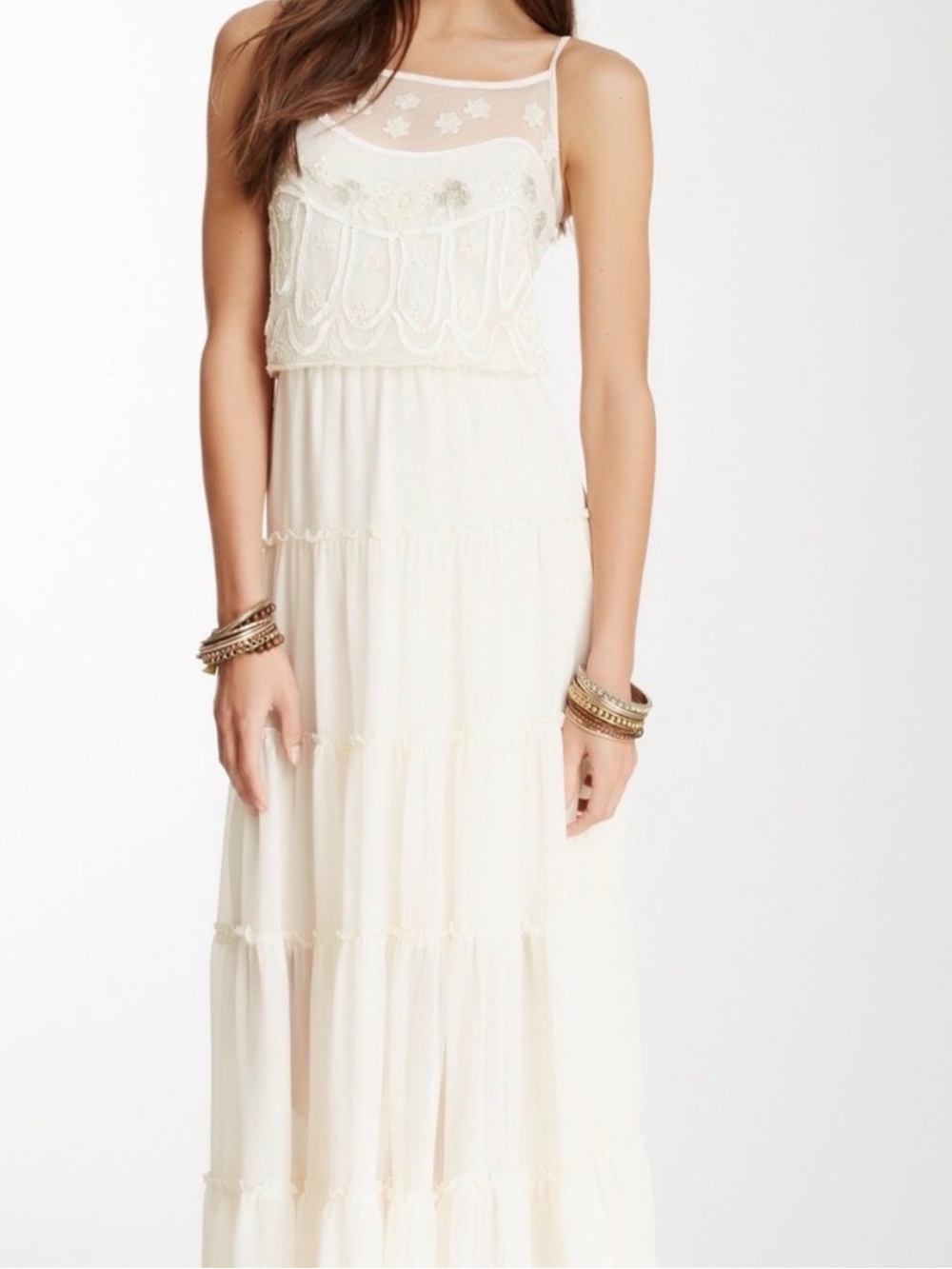 Free People Sprinkled Stardust Maxi Dress Cream Beaded Boho Festival Size M